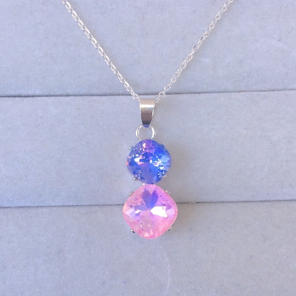 Pink + Periwinkle Purple-Blue Opal Aurora Borealis+ Silver Crystal Drop Necklace